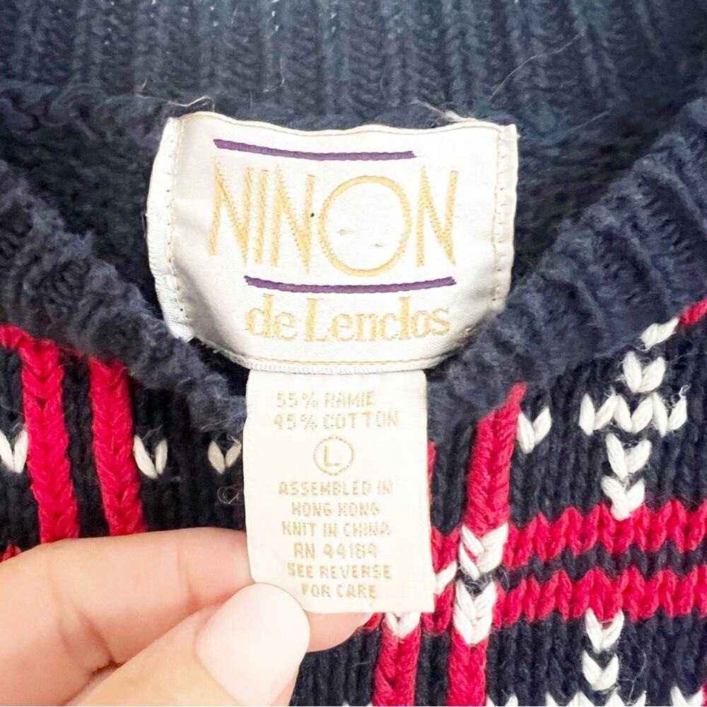Vintage 80s90s Ninon De Lenclos Patchwork Americana Red White Blue Sweater Large - Picture 6 of 8